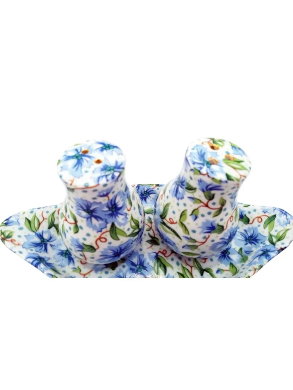 Ainsley Two's Company Salt Pepper Shakers Tray Blue Floral Ceramic Set